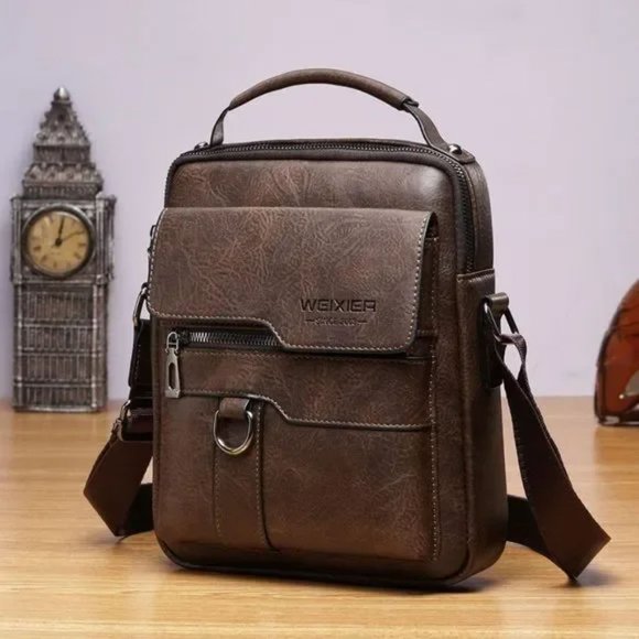 New Men's Small Crossbody PU Leather Dark Brown - Picture 1 of 4